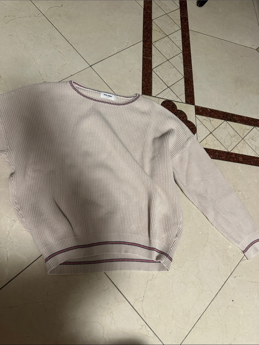 Ribbed Crewneck Sweater in Cream with Pink Trim